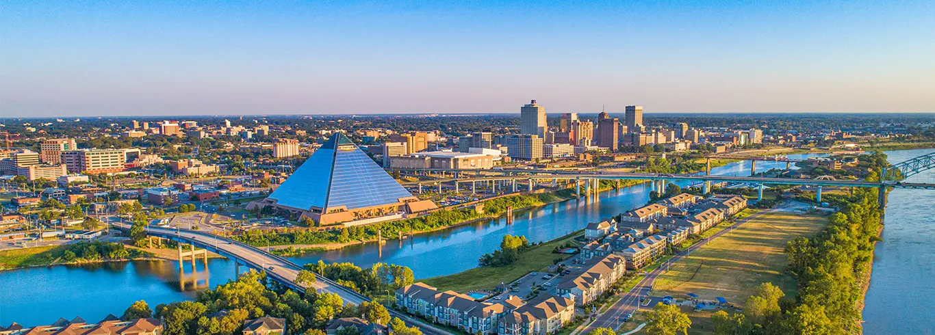 Memphis Tennessee skyline and Pyramid near the Mississippi River